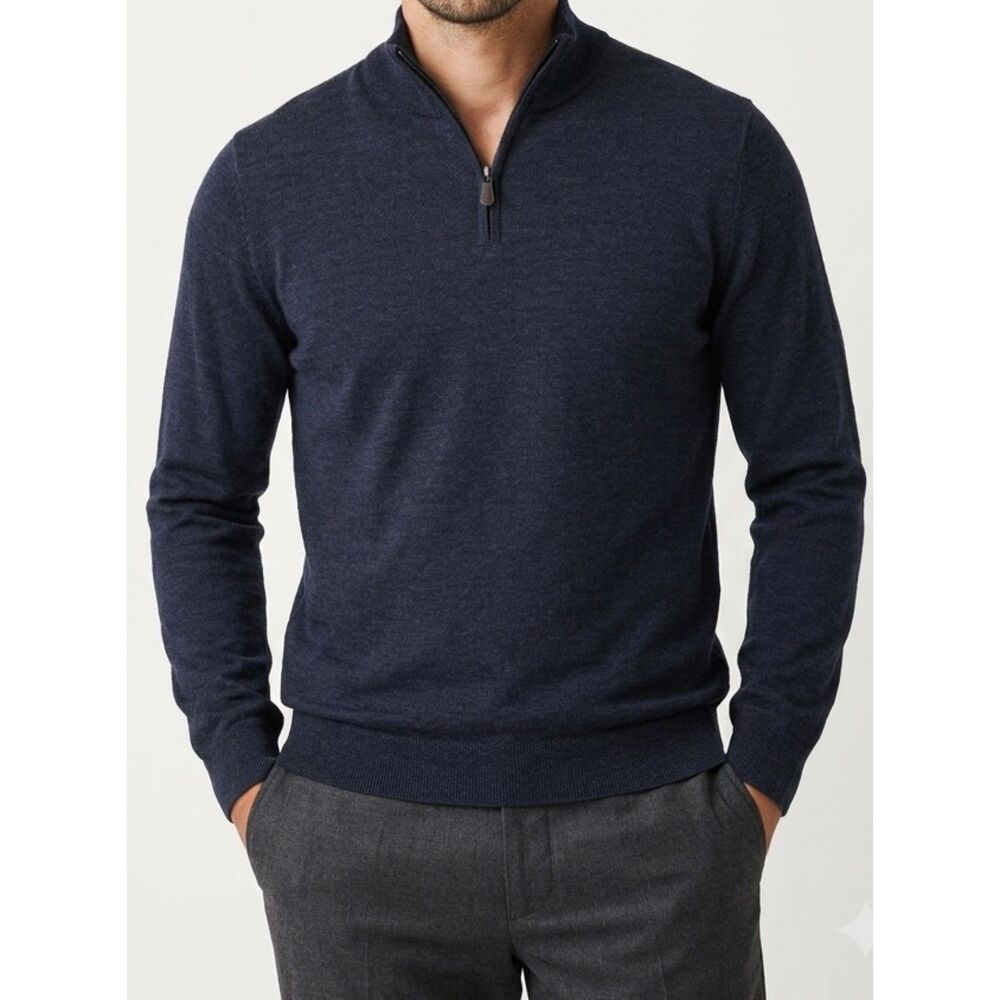 Bloomingdale's Men's Store Navy Merino Wool Quarter Zip Mock Neck Sweater XL